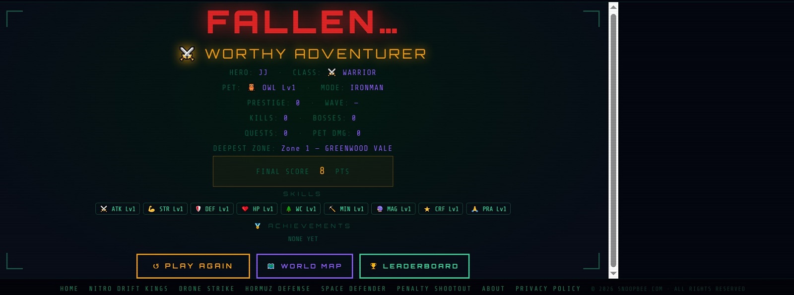 PixelRealms Online death screen showing Fallen — Worthy Adventurer message with final score, kills, prestige and deepest zone reached in Greenwood Vale — game over screen