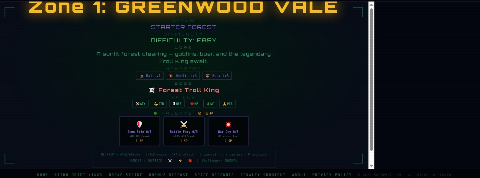 PixelRealms Online Zone 1 Greenwood Vale zone briefing screen showing Starter Forest difficulty Easy, monsters Rat Goblin Boar, boss Forest Troll King, Warrior talents Iron Skin Battle Fury War Cry