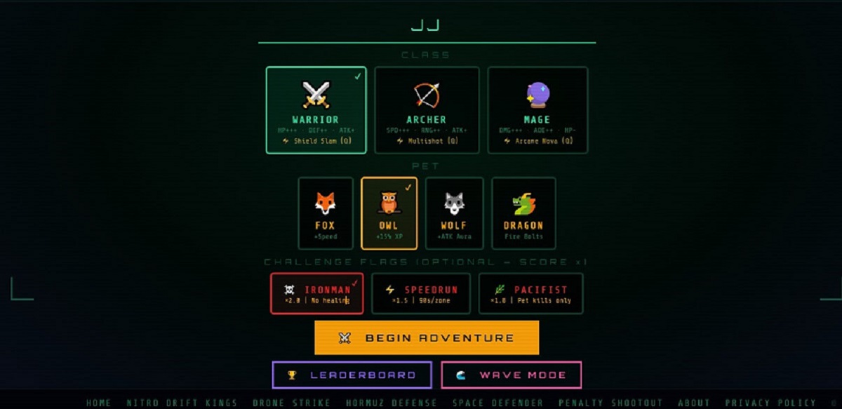 PixelRealms Online beginner guide 2026 — class selection screen showing Warrior Archer Mage with pet companions