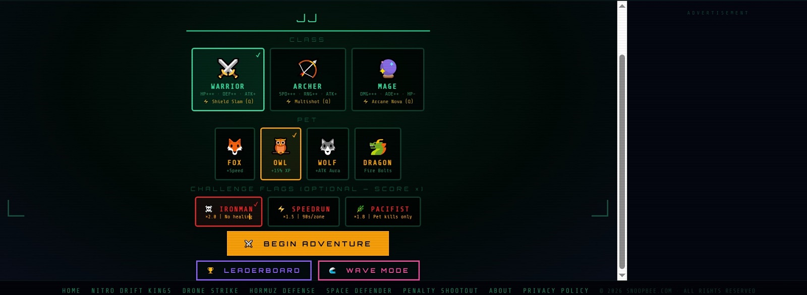 PixelRealms Online class selection screen showing Warrior, Archer and Mage classes with pet companions Fox, Owl, Wolf and Dragon — free browser MMORPG 2026