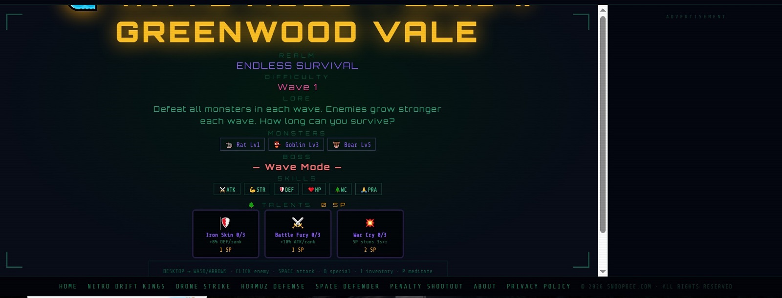 PixelRealms Online Wave Mode Greenwood Vale zone briefing screen showing Endless Survival mode, Wave 1, enemies Rat Goblin Boar, Warrior talents Iron Skin Battle Fury War Cry